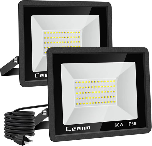 Ceena 2 Pack 60W Plug in LED Flood Light Outdoor, 6000lm Super Bright Floodlight with 5.9FT Wire, IP66 Waterproof 6000K LED Work Light for Garage, Yard, Patio, Front Door