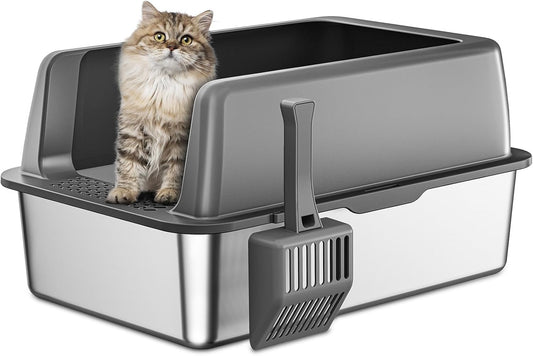 Zarler Stainless Steel Litter Box with Lid, Extra Large Cat Litter Box, XL Large Metal Litter Box for Big Cats with High Sided, Grey (Non-Sticky, Easy to Clean, Anti-Urine Leakage)
