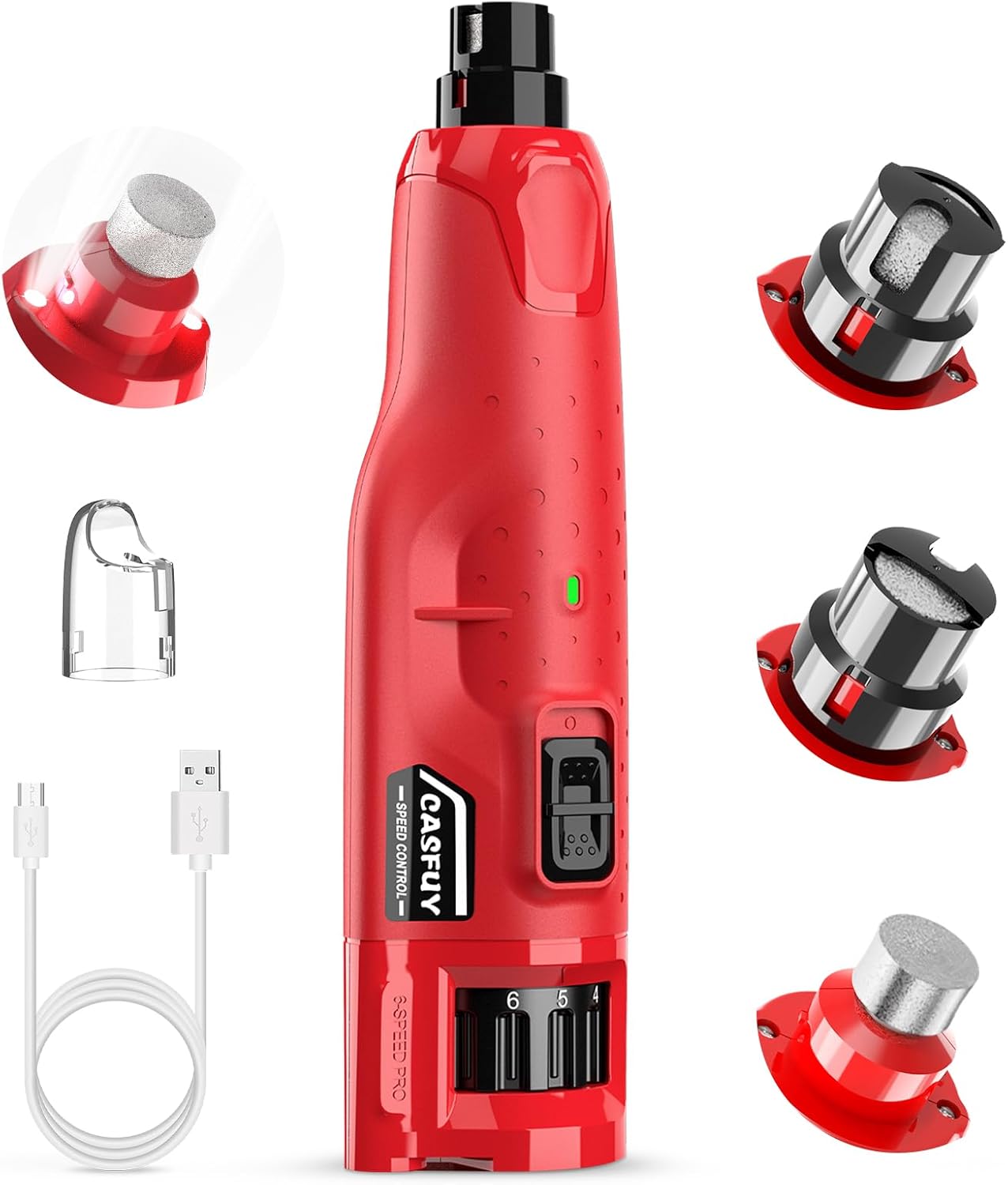 Casfuy Dog Nail Grinder Quiet - (45db) 6-Speed Pet Nail Grinder with 2 LED Lights for Large Medium Small Puppy Dogs/Cats, Professional 3 Ports Rechargeable Electric Dog Nail Trimmer with Dust Cap(W)