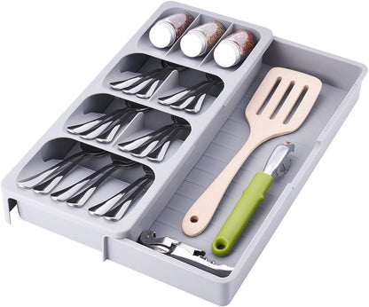 Expandable Kitchen Drawer Organizer, Adjustable Cutlery and Utensil Tray, Gray Plastic Silverware Storage Divider for Spoons, Forks, Knives, and Flatware - PuriLite