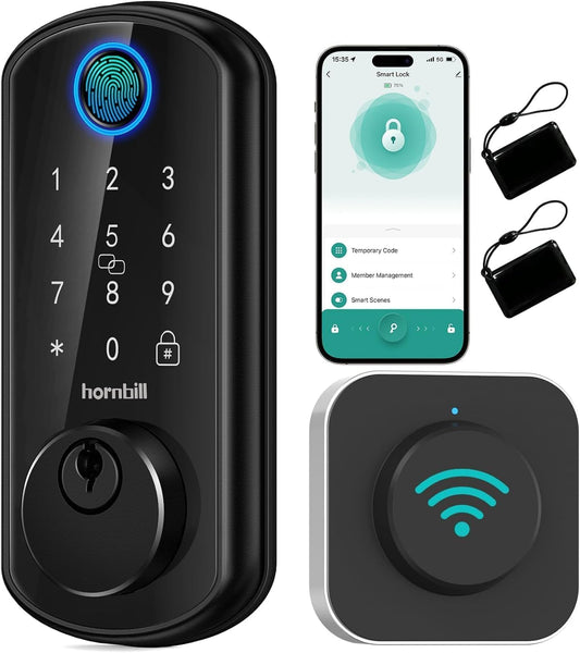 Hornbill Smart WiFi Front Door Lock: Keyless Entry Fingerprint Deadbolt - Alexa Bluetooth Electronic Keypad Door Locks for House Apartment Auto Lock Smart Life APP Remote Control - Black - PuriLite