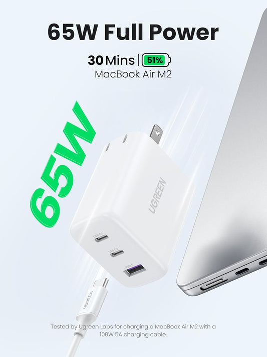 UGREEN 65W USB Type C Wall Charger 3-Port Block Fast PPS Compatible with MacBook Pro/Air, iPad Pro/Air, iPhone 16/15/14/13/12 Pro Max, Galaxy S25 S24 S23, S22, Steam Deck and More - PuriLite