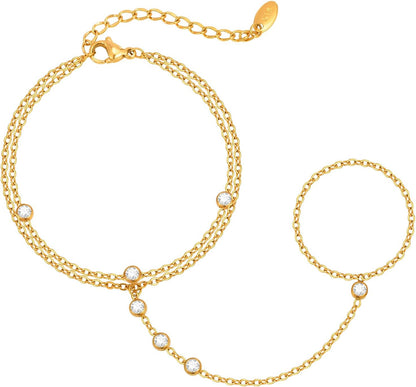 Hand Chain Ring Bracelet For Women, 14k Gold Plated Dainty Cubic Zirconia Minimalist Finger Ring Bracelet, Trendy Stuff Jewelry Gifts To Wife Girfriend Daughter Sister BBF, 17.5cm/7.5cm