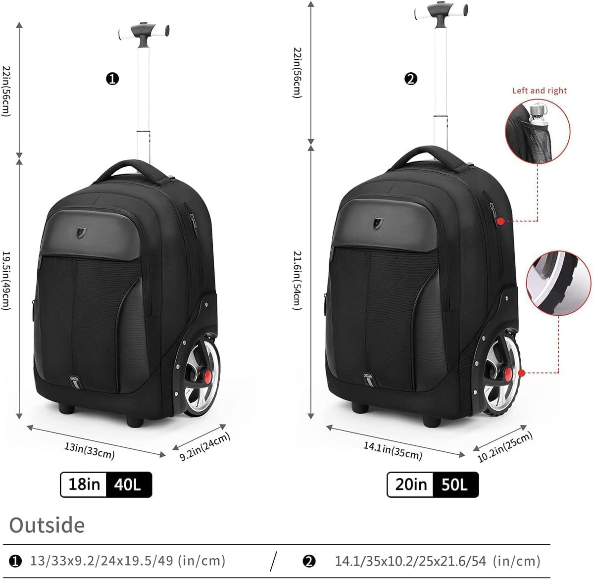 YH&GS Rolling, Waterproof Wheeled Backpack for Business, College, Travel; 52L, Fits 17 Inch Laptop; Patented 7-Inch Wide Wheel; Black