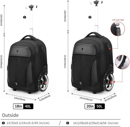 YH&GS Rolling, Waterproof Wheeled Backpack for Business, College, Travel; 52L, Fits 17 Inch Laptop; Patented 7-Inch Wide Wheel; Black