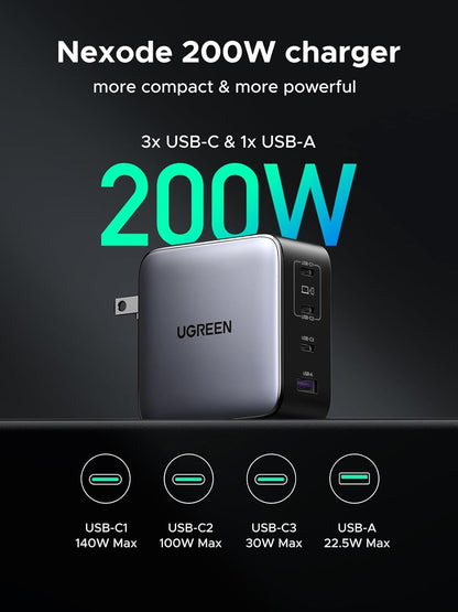 UGREEN 200W Dual USB-C Charger Block, 140W Max Output Laptop Charger, 4-Port Multi-Device Fast Charging, Advanced GaN Power Adapter Compact for MacBook, Dell XPS, iPad Pro, Galaxy S24, iPhone 16/15