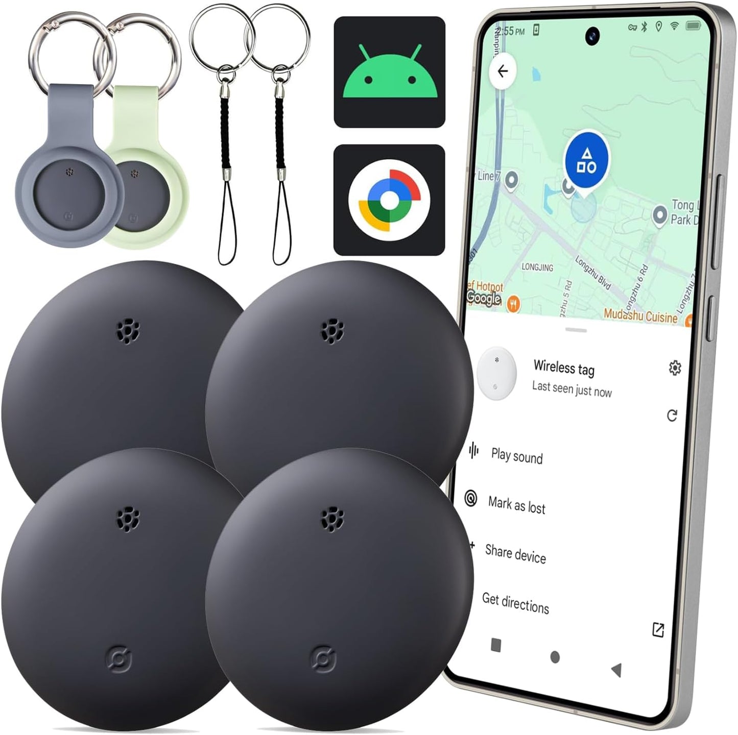 Bestray GPS Tracker Android, Air Smart Tag Compatible with Google Find My (Android Only), Key Finder for Keys, Luggage, Suitcase, Wallet, IP66 Waterproof, 4 Pack