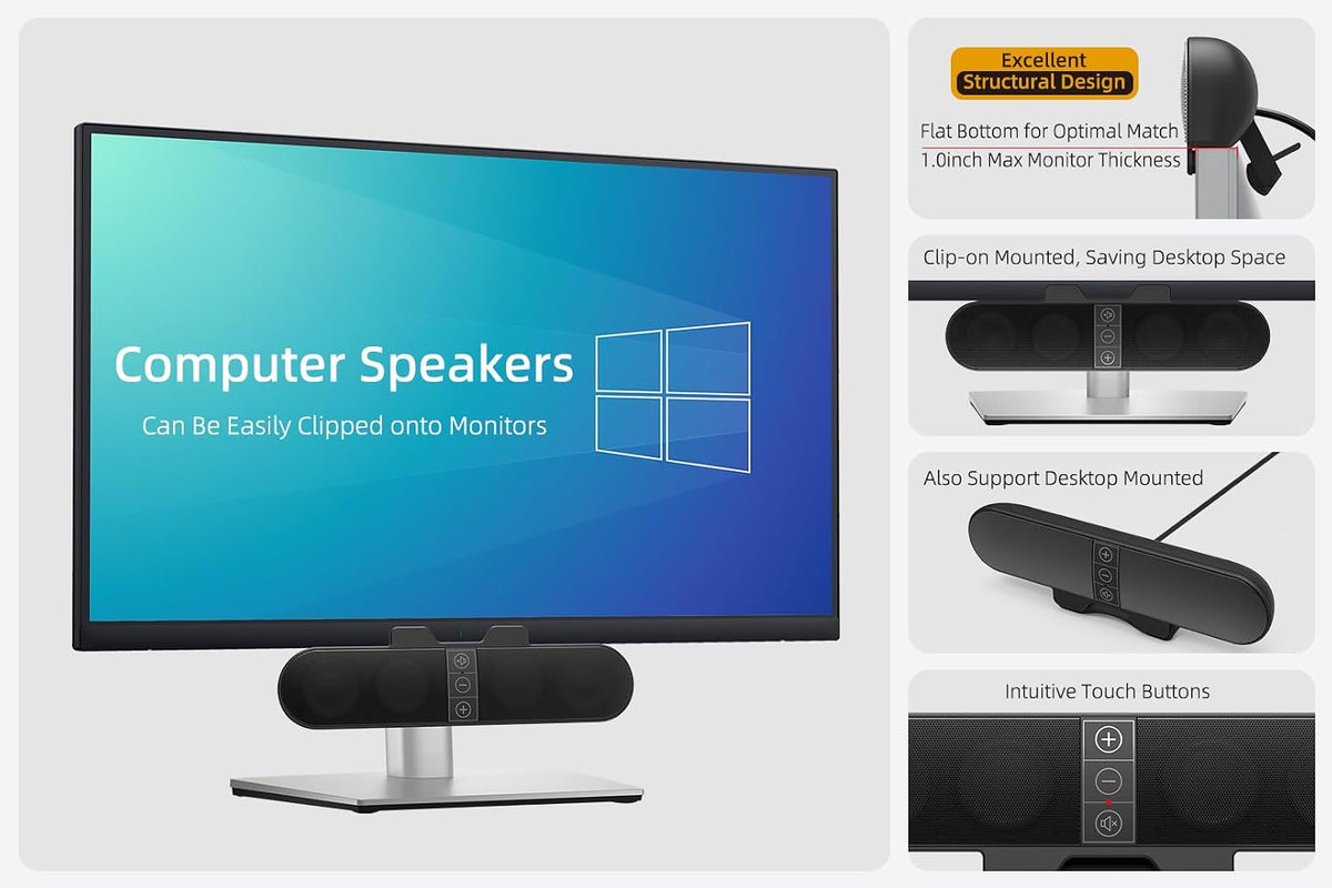 Computer Speakers for Desktop PC Monitor, USB Plug-in, Wired, Computer Soundbar for PC, Laptop Speakers with Adaptive-Channel-Switching, Loud Sound, Deep Bass, USB C Adapter, Easy to Clip on Monitor