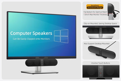 Computer Speakers for Desktop PC Monitor, USB Plug-in, Wired, Computer Soundbar for PC, Laptop Speakers with Adaptive-Channel-Switching, Loud Sound, Deep Bass, USB C Adapter, Easy to Clip on Monitor