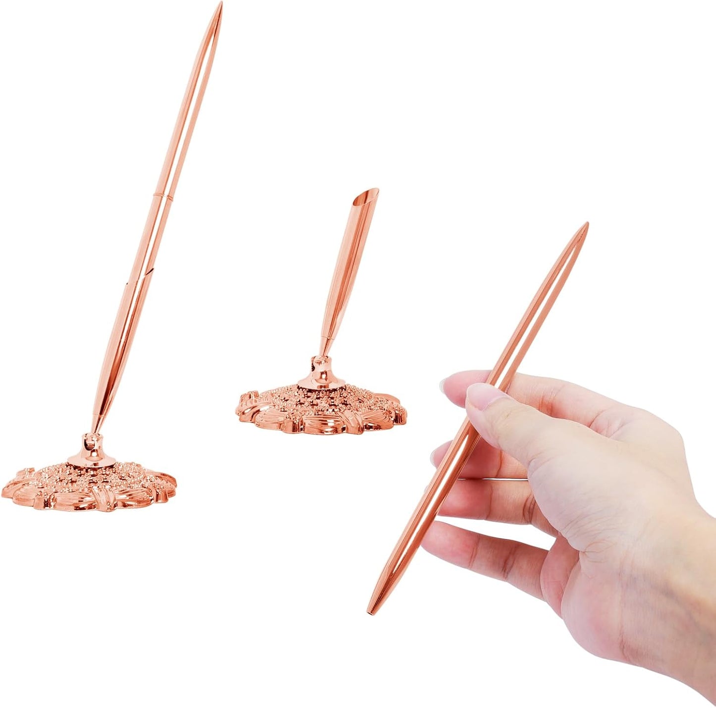 Bcxfbxd 2 Pcs Hollow Round Pen Holder Metal Pen Stand Holder Set Signing Pen Set Signing Desk Ballpoint Pens for Guest Book Wedding Birthday Party Graduation Teacher Office Business (Gold)