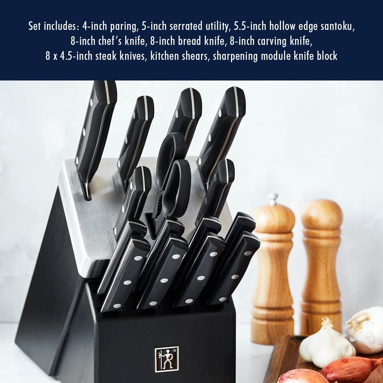 HENCKELS Solution Razor-Sharp 16-pc Self Sharpening Knife Block Set, Chef Knife, Bread Knife, Steak Knife, German Engineered Informed by 100+ Years of Mastery