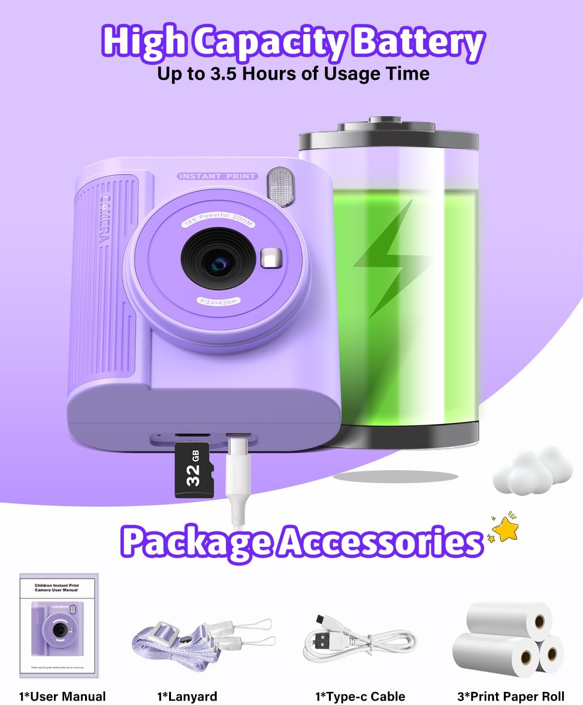 Mgaolo Kids Camera with Instant Print, Thermal Printing Digital Camera Gift for 3-12 Years Old Children, Safe Ink-Free Design, Toy for Creativity & Learning (Black)