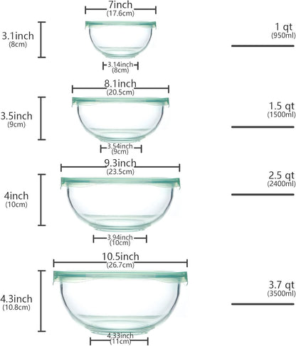 Luvan Glass Mixing Bowl Set of 4 (3.7QT,2.5QT,1.5QT,1QT),Large Salad Bowl with Lids,Kitchen Nesting Bowls for Baking and Cooking,Prep, BPA Free Plastic Lids,Microwave,Oven