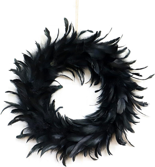 HLTER Halloween Feather Wreaths, Simulation Black Cocktail Feather Wreath, 40CM Front Door Wreath for Spooky Scene Party Halloween Decorations