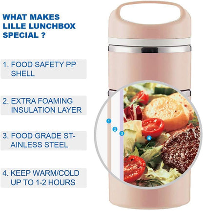 Lille Home Stackable Stainless Steel Thermal Compartment Lunch/Snack Box, 3-Tier Insulated Bento/Food Container with Lunch Bag, Cutlery Set and 3 Extra Seals, 43OZ (Gray)