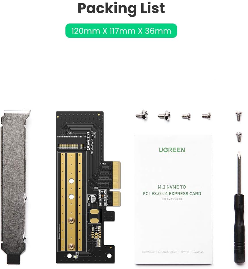 UGREEN M.2 NVME PCIe 3.0 X4 X8 X16 Adapter Card, Support M Key and B+M Key SSD 2280 2260 2242 2230 Size, Include Install Tool, Not for SATA SSD