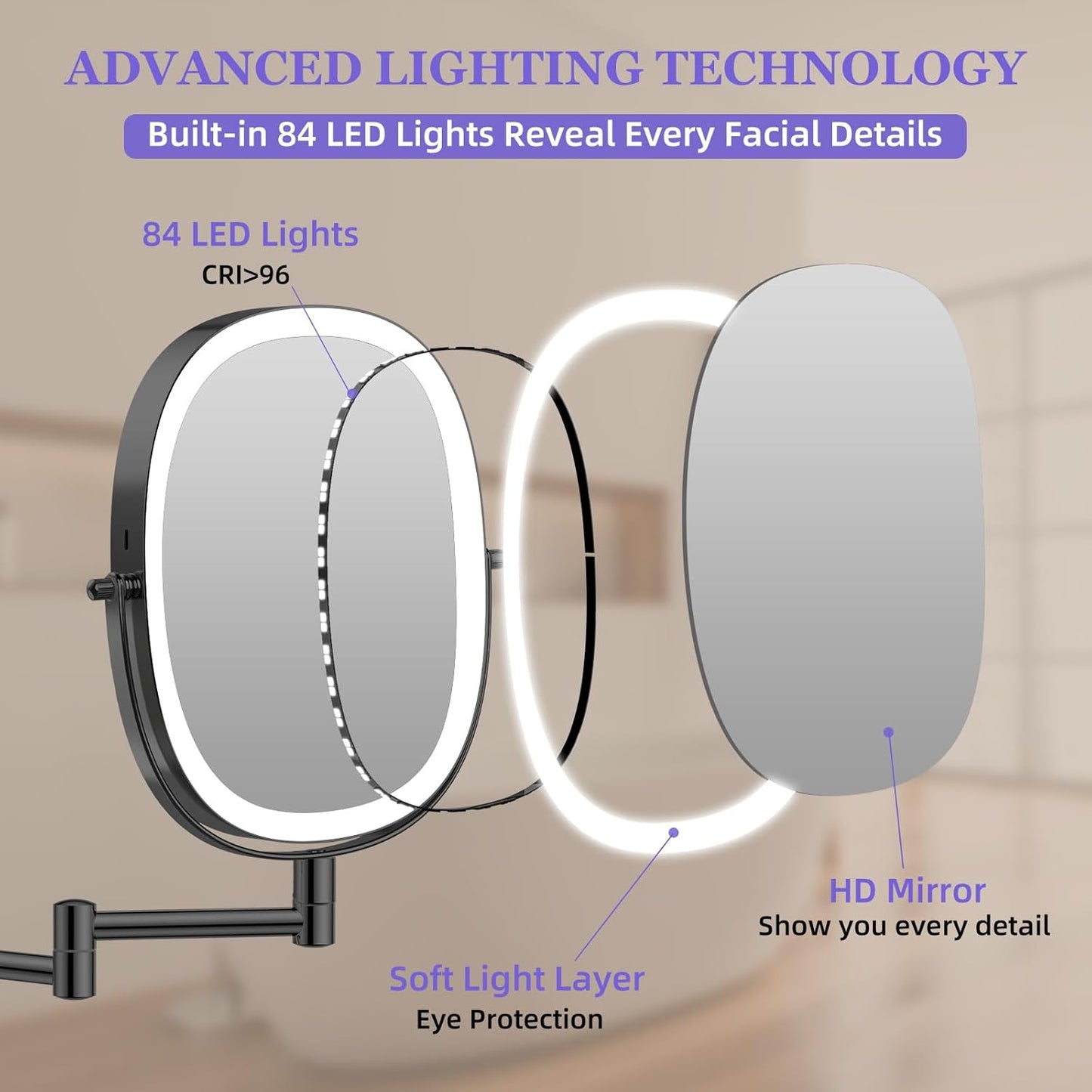 FUNTOUCH 5000mAh Rechargeable Wall Mounted Makeup Mirror, Double Sided Touch Switch 20X/1X Rectangle Wall Mounted Magnifying Mirror with Light, 3 Color Setting, Extended Arm 360°Swivel Foldable,Black