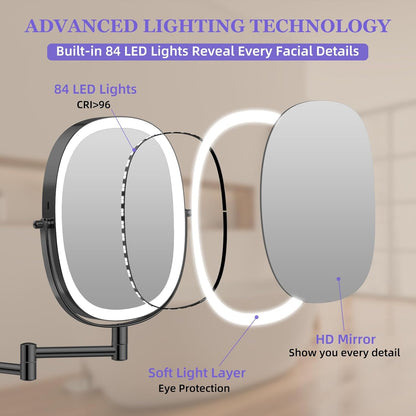 FUNTOUCH 5000mAh Rechargeable Wall Mounted Makeup Mirror, Double Sided Touch Switch 20X/1X Rectangle Wall Mounted Magnifying Mirror with Light, 3 Color Setting, Extended Arm 360°Swivel Foldable,Black