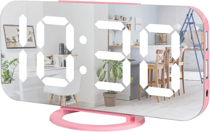 Digital Alarm Clock,Large LED Mirror Display, 2 USB Charging Ports，Auto Dim Mode，Modern Design Clock for Bedroom Office, White