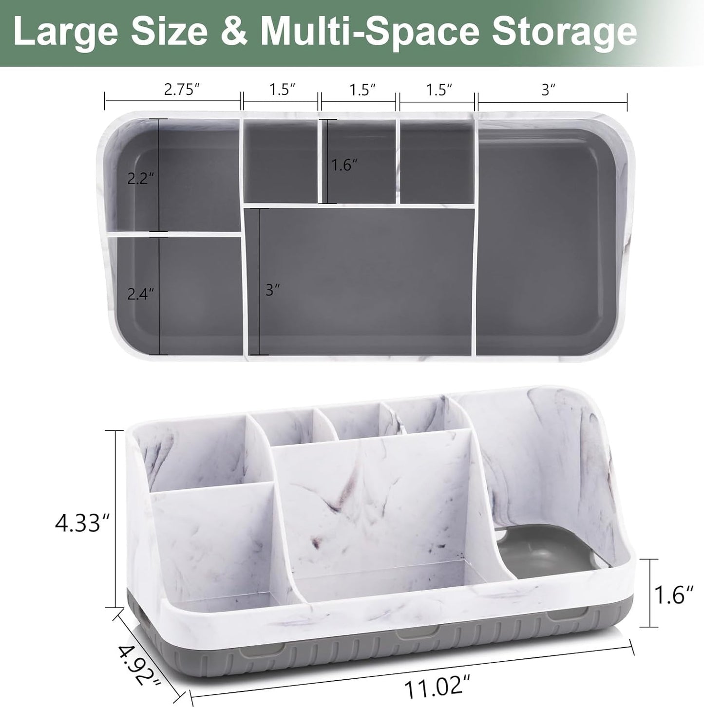 Marble Grey Bathroom Countertop Organizer with 7 Slots, Detachable Electric Toothbrush and Toothpaste Holder with Drainage - PuriLite