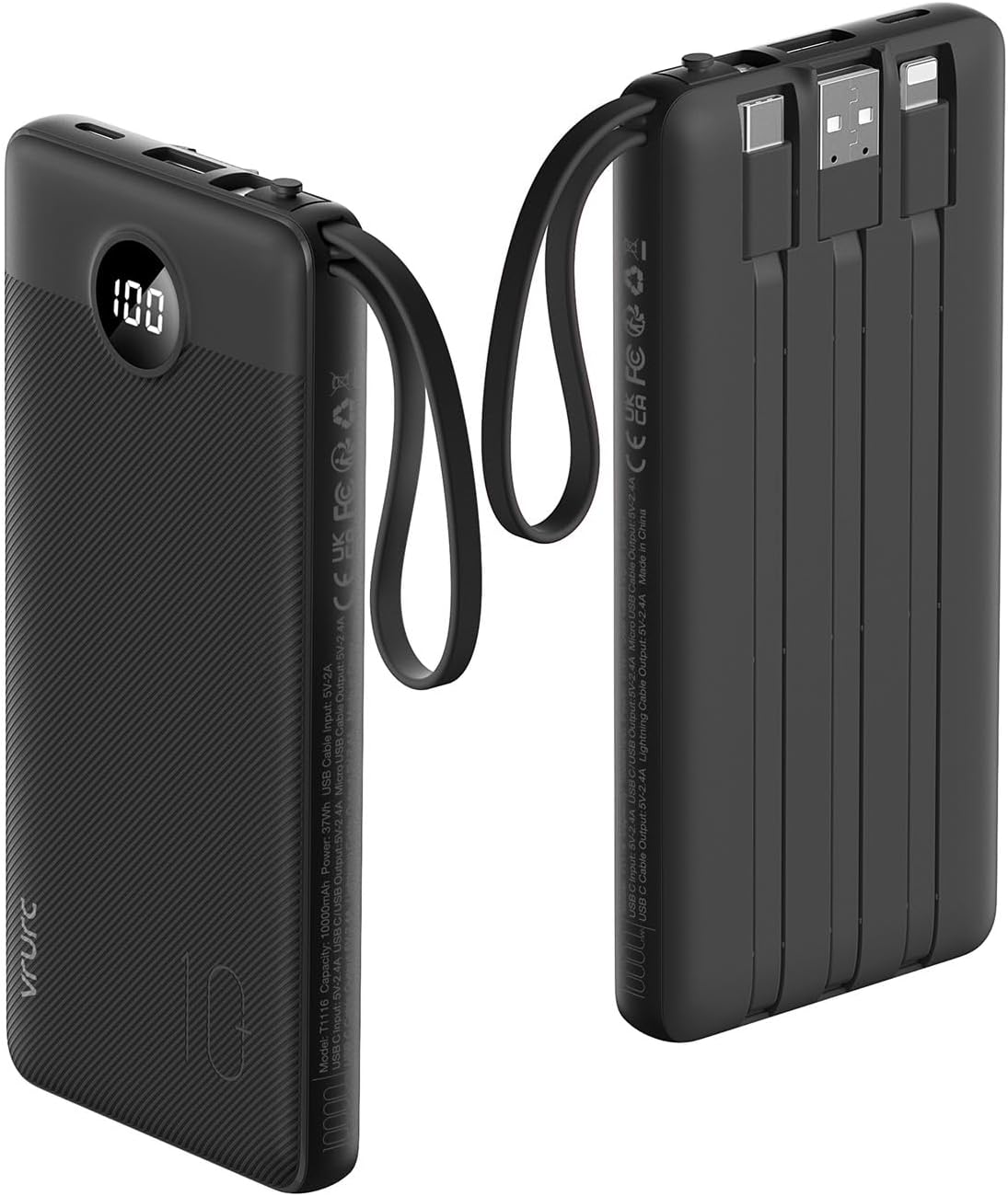 VRURC 10000mAh Power Bank Built-in Cables, Portable Charger with LED Display, Slim Intelligent Travel Battery Pack with Cords, 5 Output Dual Input Phone Charger for Cell Phone Smart Devcies-Blue
