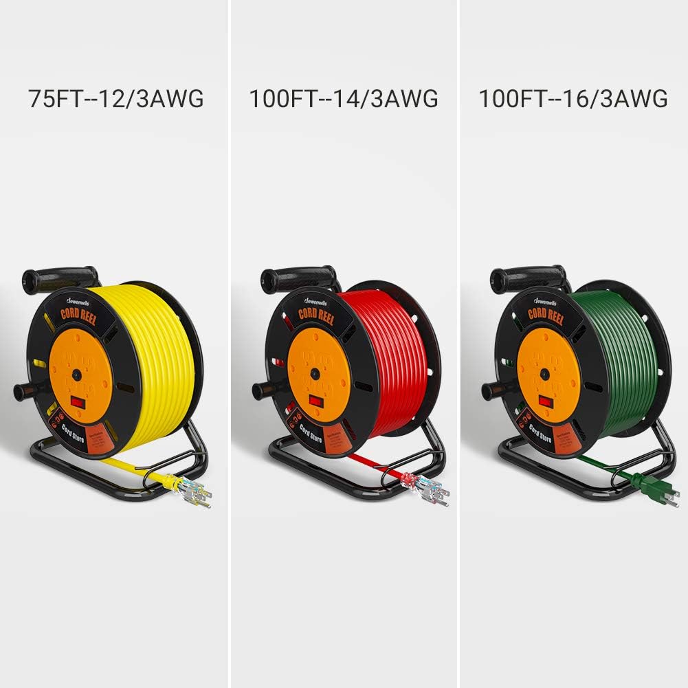 DEWENWILS Extension Cord Storage Reel with 4-Grounded Outlets, Heavy Duty Open Cord Reel for 12/3,14/3,16/3 Gauge Power Cord, Hand Wind Retractable, 10A Circuit Breaker, Rocker Power Switch