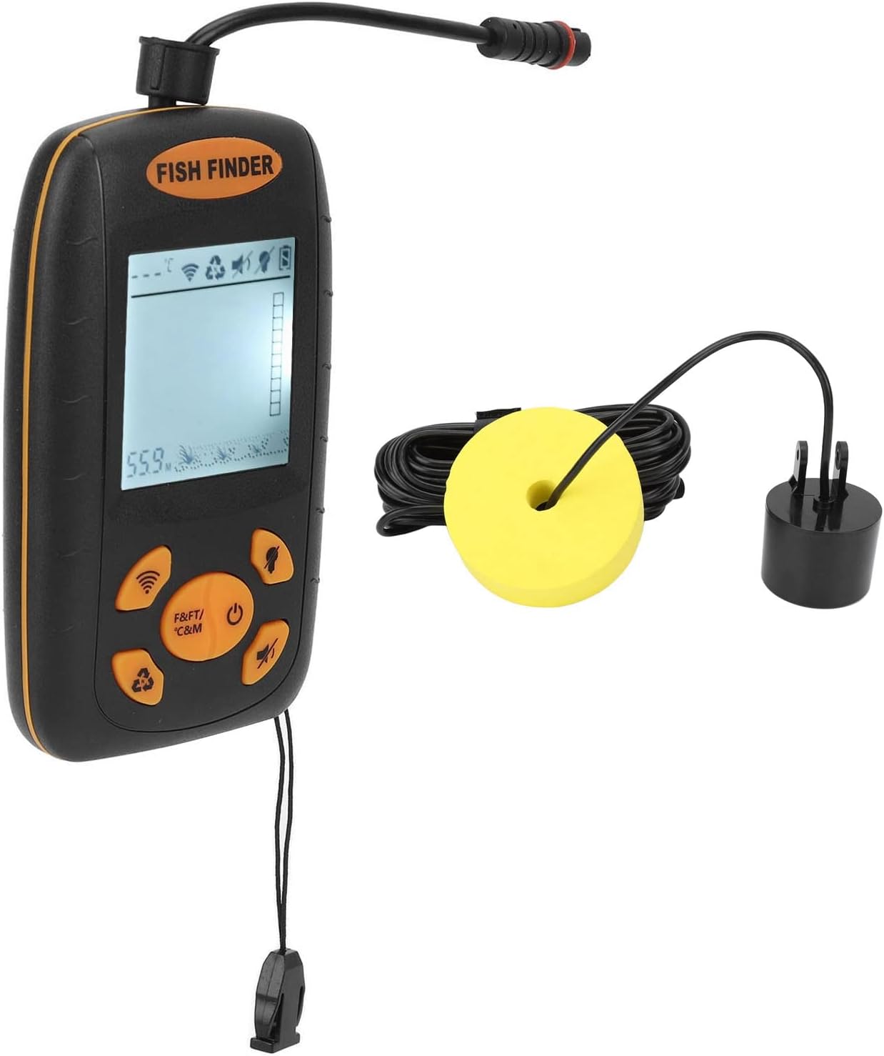Generic Portable Fish Finder, Sonar Sensor Handheld Fish Depth Finder for Kayak Boat, Lake Fishing with Lanyard, 5 Level Sensitivity Adjustment, Fish Notification, 4-5 Hours Working
