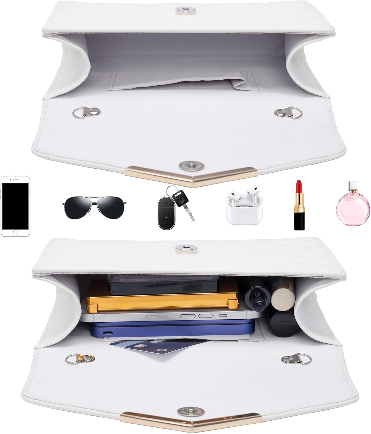 Larcenciel White Quilted Evening Clutch Bag, Elegant Envelope Vegan Leather Crossbody Purse for Women, Detachable Chain & Wristlet Strap, Formal Wedding Guest Bridal Prom Cocktail Party Handbag Wallet - PuriLite