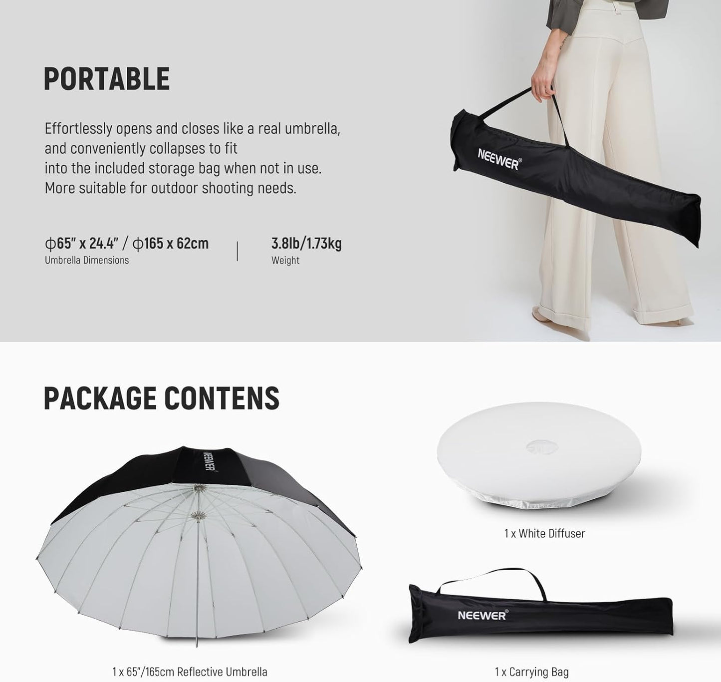 NEEWER 71"/180cm Parabolic Reflective Umbrella Photography with White Inner, Soft Lighting with Diffuser Cover, Bag, Quick Fold for Camera Photo Studio Video Light Shooting Monolight Flash, NS4U