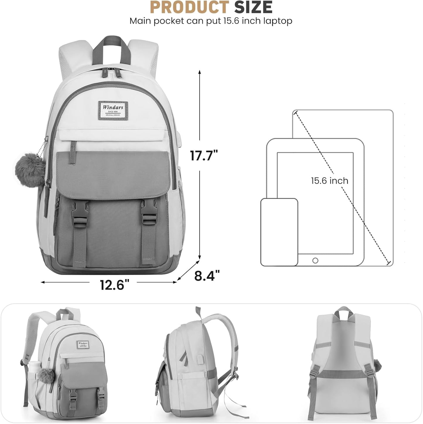 WINDARS School Backpack for Teen Girls, Cute College Backpacks for Women Students Aesthetic Bookbag Large 15.6 Inch Laptop Bag Middle School Travel Back Pack (Khaki Beige)