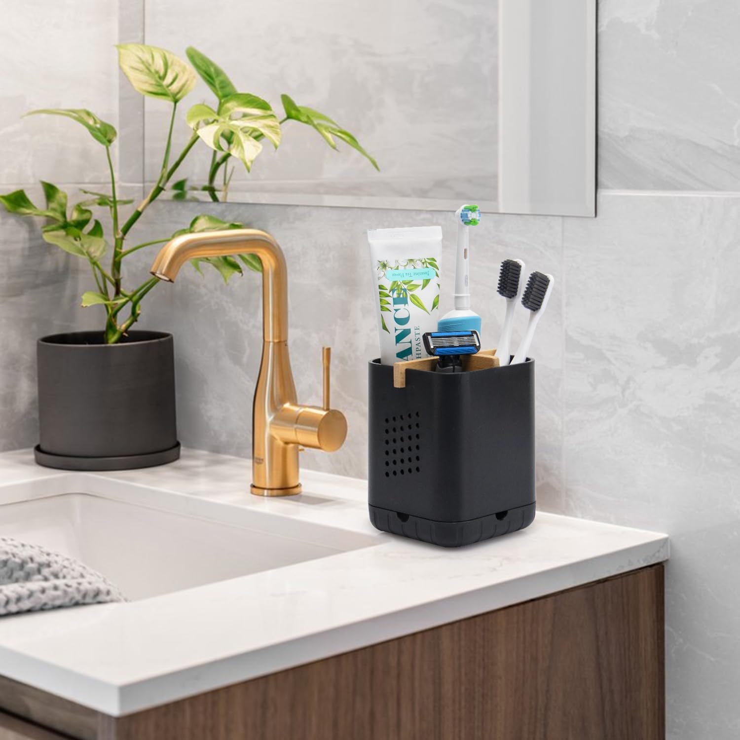 Black Electric Toothbrush Holder with 3 Slots, Bathroom Countertop Organizer with Suction Mount, Matte Finish - PuriLite