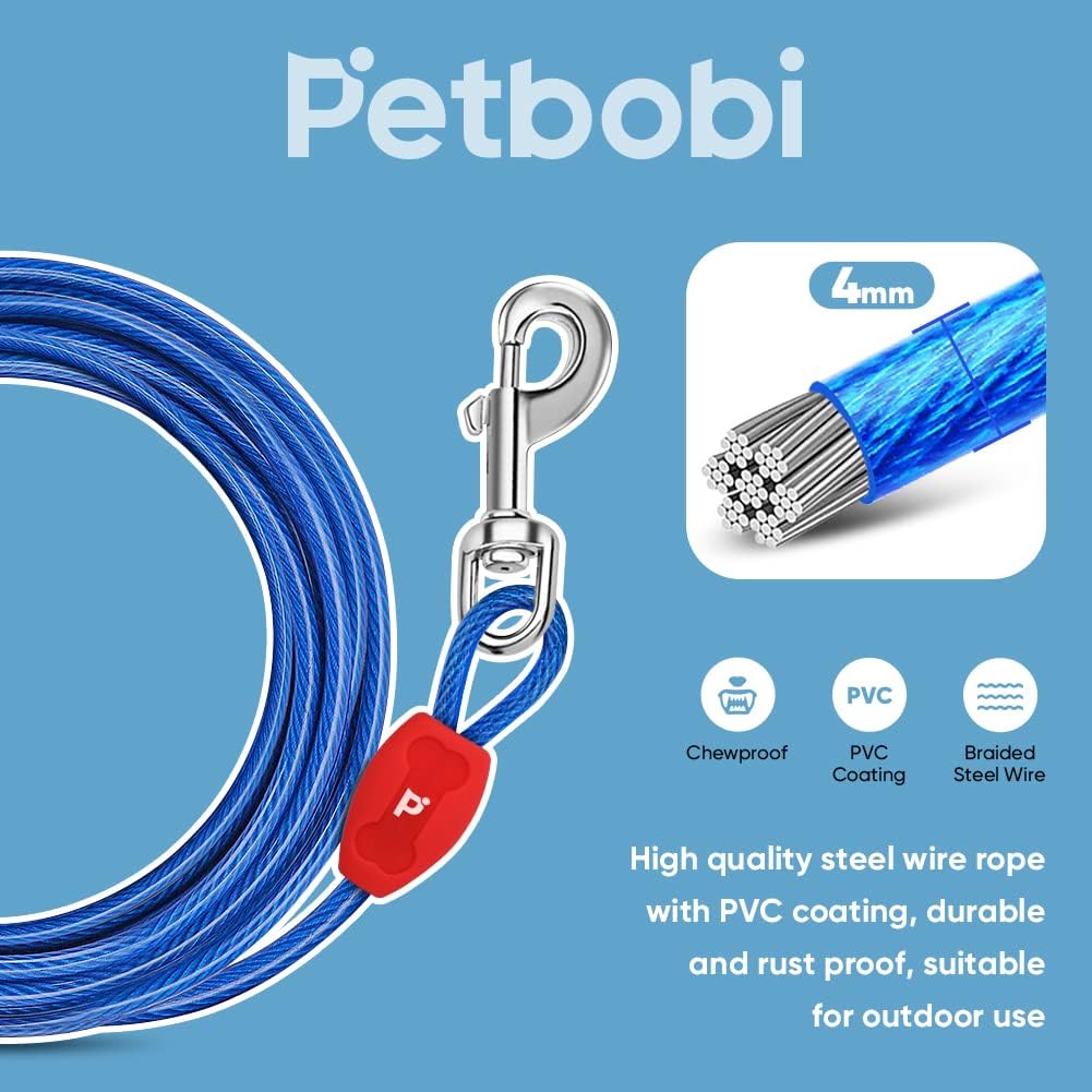 Petbobi Dog Tie-Out Cable 30ft - Outdoor Leash 4mm Metal Cable with Shock Absorbing Spring 360° Swivel Clips, Dog Chain for Yard Camping, Fit Small Medium Large Pets Up to 120lbs, Blue