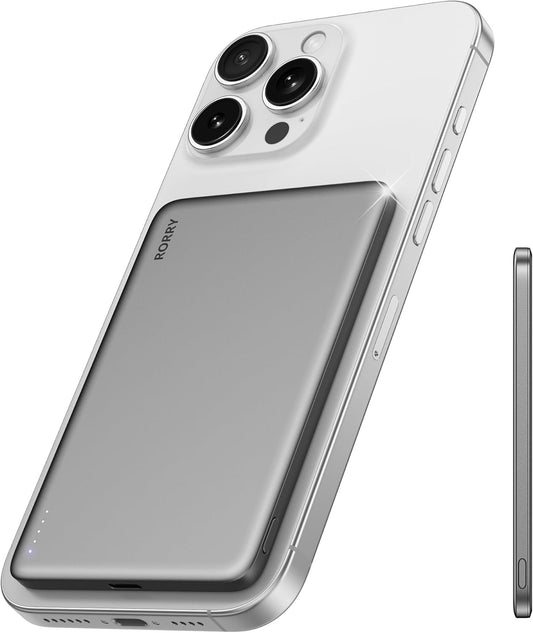 RORRY for Magsafe Power Bank, 5000mAh [Ultra Slim] Magnetic Portable Charger, [Alloy Built] USB C Wireless Battery Pack Fast Charging, Travel Essentials for iPhone16 15 14 13 12, Glacier Grey
