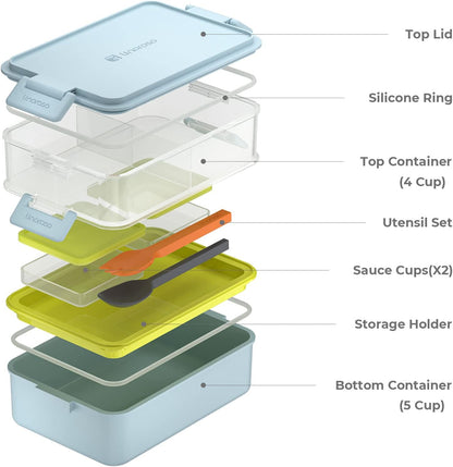 Linoroso Stackable Bento Box Adult Lunch Box | Meet All You On-The-Go Needs for Food, Salad and Snack Box, Premium Bento Lunch Box for Adults Include Utensil Set, Dressing Containers - Pale Mint