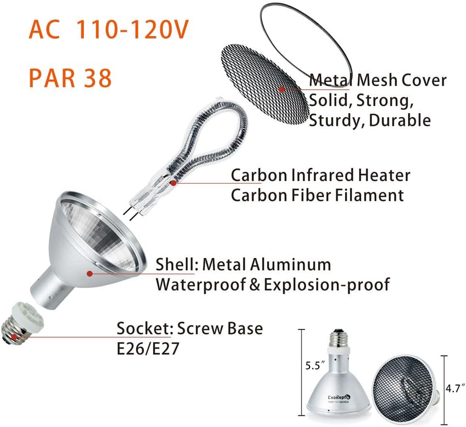 Deep Heat Projector Reptile Heat Lamp Bulb (160W, PAR38), Basking Light for Bearded Dragon & Leopard Gecko, Carbon Infrared Heater for Amphibian Pet