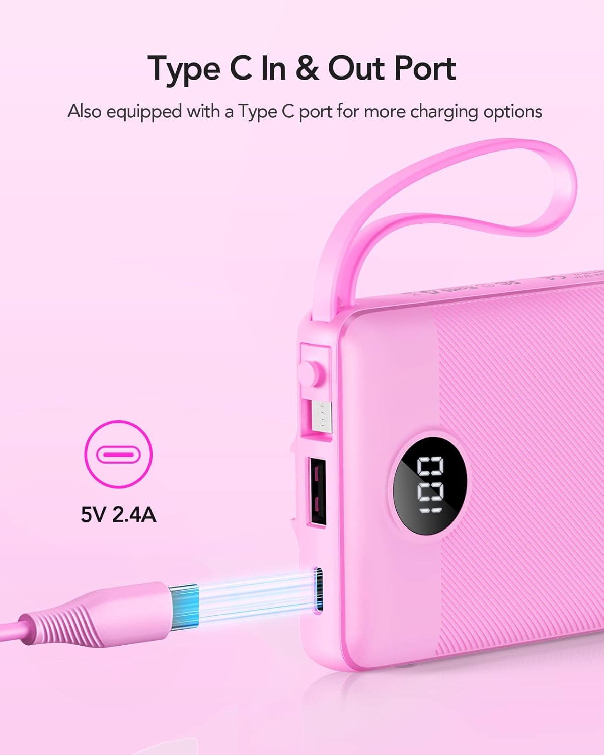 VRURC 10000mAh Power Bank Built-in Cables, Portable Charger with LED Display, Slim Intelligent Travel Battery Pack with Cords, 5 Output Dual Input Phone Charger for Cell Phone Smart Devcies-Blue
