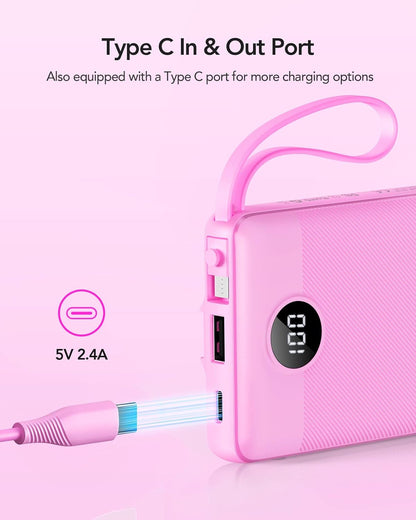 VRURC 10000mAh Power Bank Built-in Cables, Portable Charger with LED Display, Slim Intelligent Travel Battery Pack with Cords, 5 Output Dual Input Phone Charger for Cell Phone Smart Devcies-Blue