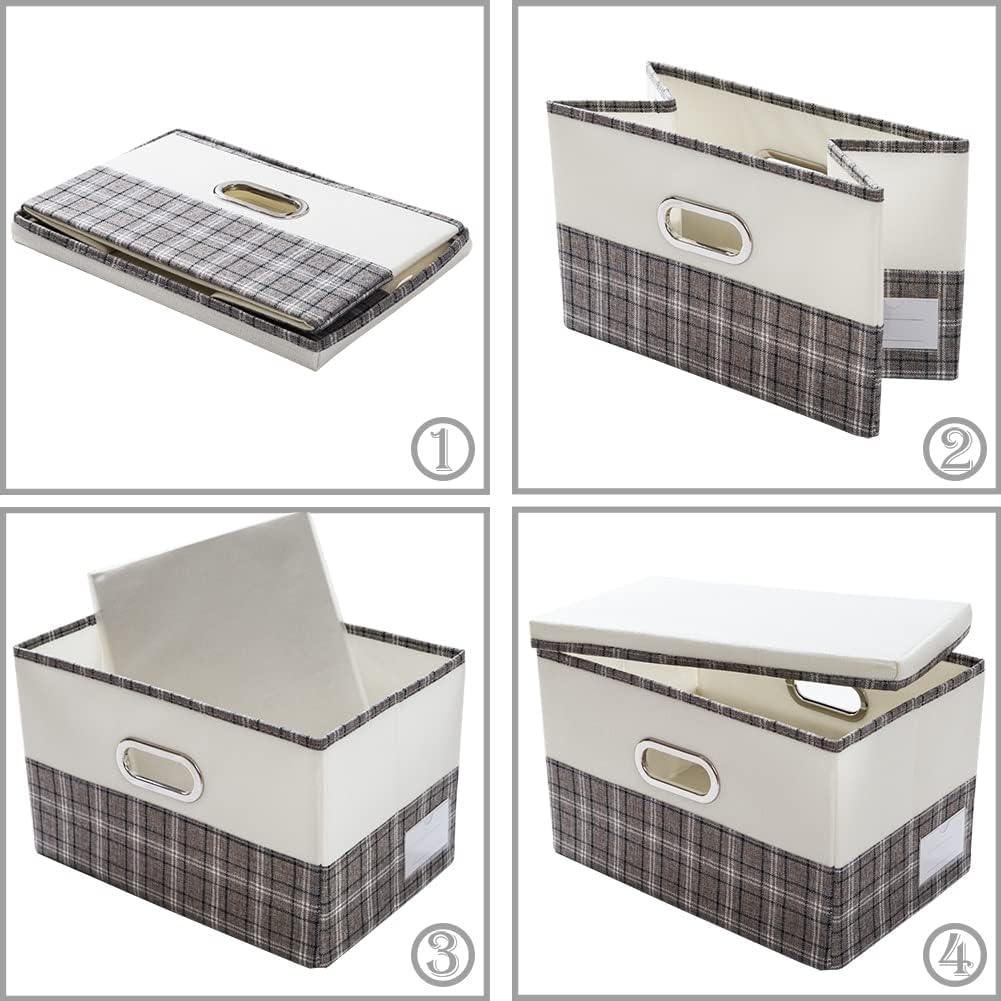 PRANDOM Large Foldable Storage Bin with Lid [1-Pack] Linen Fabric Decorative Storage Box Organizer Containers Basket Cube with Handles Divider for Bedroom Closet Office Living Room (17.7x11.8x11.8")