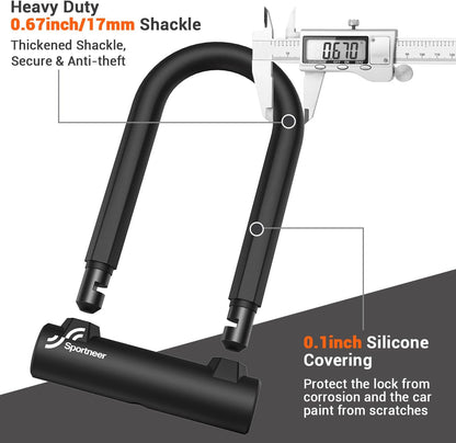Sportneer Bike Lock: 17mm Heavy Duty Bike U Lock - High-Security Anti-Theft with 12mm x1.5m Steel Cable, 8''x5'' Compact Design, Includes Mounting Bracket for Mountain/Road/Folding/Electric Bikes