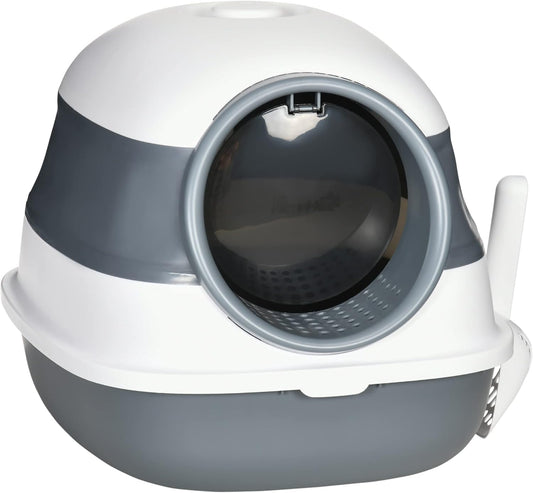 PawHut Foldable Large Cat Litter Box with Lid, Covered Kitten Litter Box w/Automatic Cat Litter-Proof Sides, Deodorization, Easy to Clean, White and Grey