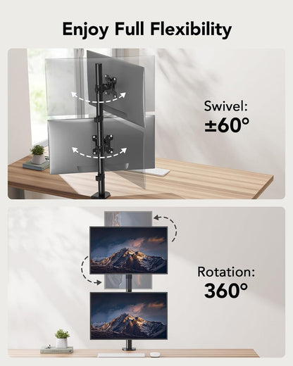 HUANUO Vertical Dual Monitor Mount for 17–32 Inch Screens, 17.6 lbs Capacity Each, Extra Tall Stacked Monitor Stand with Height Adjustment and C-Clamp,Gaming Monitor Arm