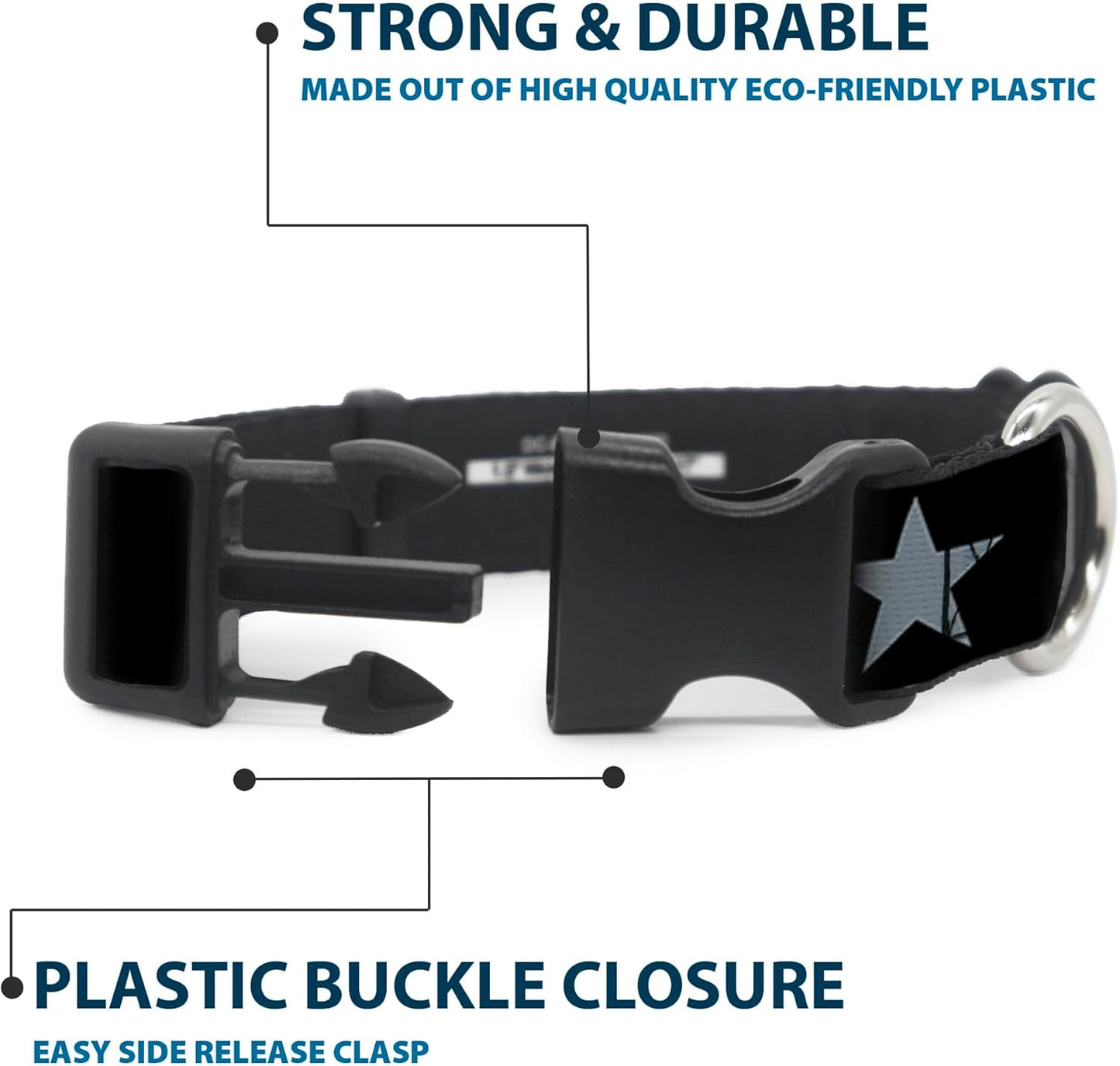 Buckle-Down PC-W21909-M Dog Collar Plastic Clip Buckle, 1"x11"-17", Star Black/White