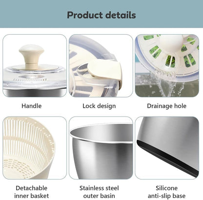 Cenroelon Stainless Steel Salad Lettuce Spinner Quick Manual Compact with Lid,Basin Drain Frame Non-Slip Base