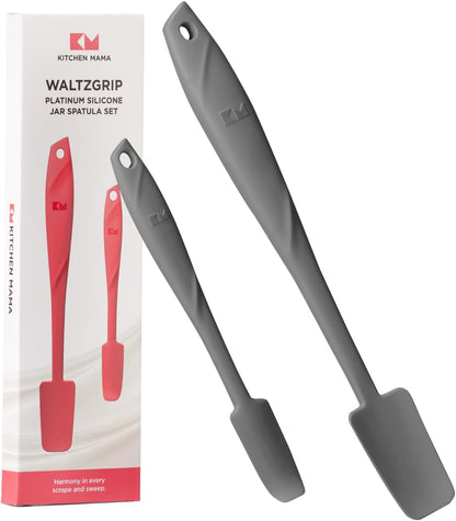 Kitchen Mama WaltzGrip Platinum Silicone Jar and Can Spatula Set: Heat-Resistant, Dishwasher Safe, Ergonomic Grip, Perfect for Mixing and Scraping, Nonstick Cookware (Metal Gray)