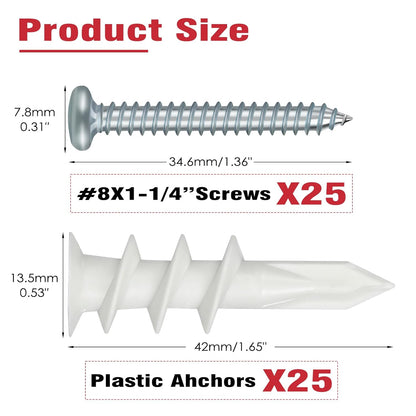 Spuspk #8 Self Drilling Drywall Anchors,120Pcs Wall Anchors and Screws for Drywall, 60 Self-Tapping/Threaded Plastic Sheetrock Anchors + 60#8 x 1-1/4'' Screws, 75LB Hanging and Mounting