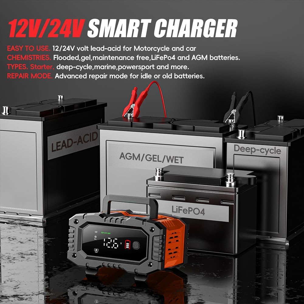 IRICO Multi-Stage Smart Battery Charger for Lithium-ion, LifePo4, AGM, Gel, SLA, Wet, EFB, Deep Cycle Batteries, with Repair Feature. Charge at 12V, 10A or 24V, 5A (12V 10A)