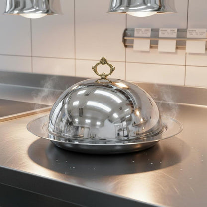 Stainless Steel Serving Platter with Lid High-End Cloche Serving Dome with Tray Decorative Handle Steak Plate Covered for Hotel, Restaurant, Buffet, Silver