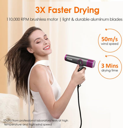 Faszin Hair Dryer, Lightweight Blow Dryer with 110,000 RPM High-Speed for Fast Drying, 200 Million Ionic Hairdryer with Auto-Clean, Low Noise, 3 Magnetic Nozzles for Travel, Salon, Home - Pink