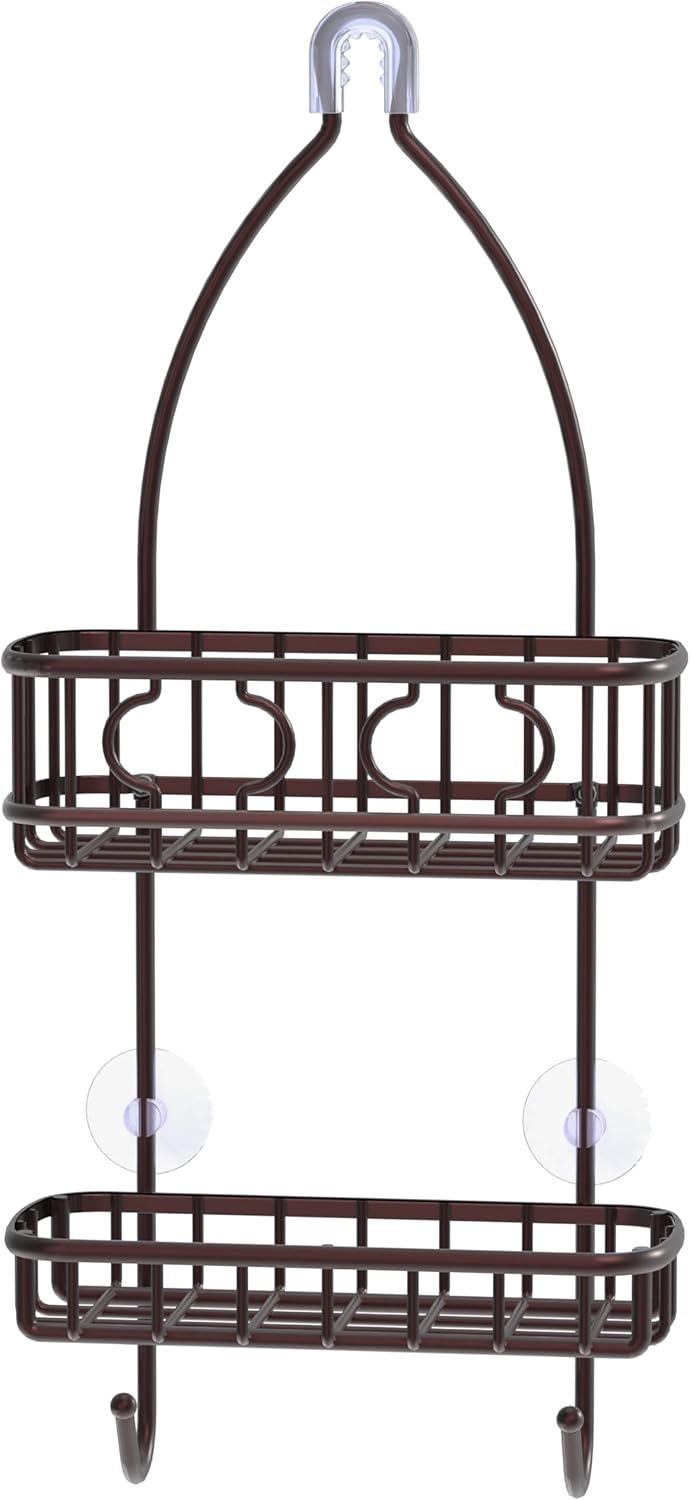 Hanging Shower Caddy Organizer with Hooks and Non-Slip Grip, Rust-Resistant Steel Bathroom Storage Rack, Bronze Finish - PuriLite