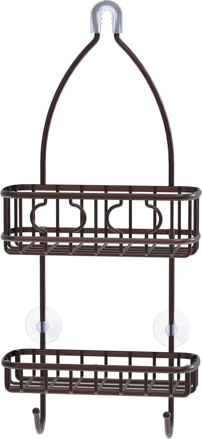 Hanging Shower Caddy Organizer with Hooks and Non-Slip Grip, Rust-Resistant Steel Bathroom Storage Rack, Bronze Finish - PuriLite